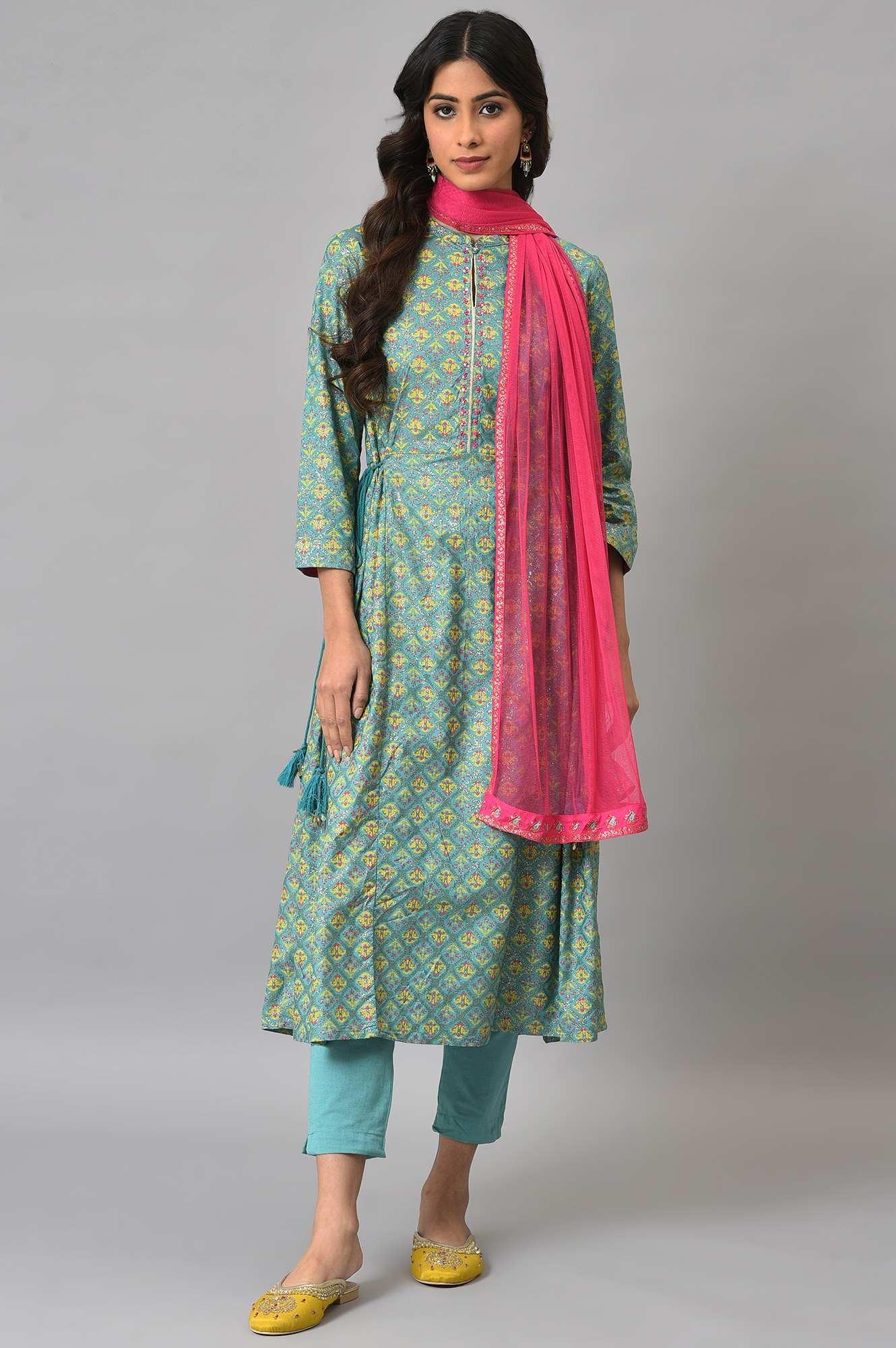 Light Blue Flared Printer kurta With Slim Pants And Pink Dupatta - wforwoman