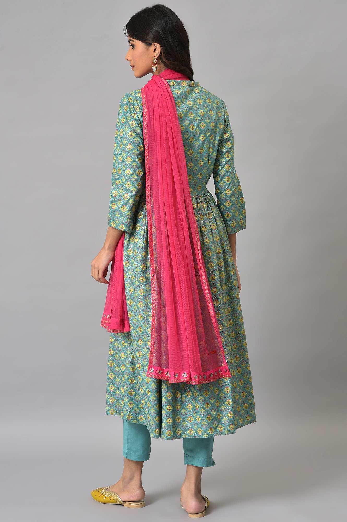 Light Blue Flared Printer kurta With Slim Pants And Pink Dupatta - wforwoman