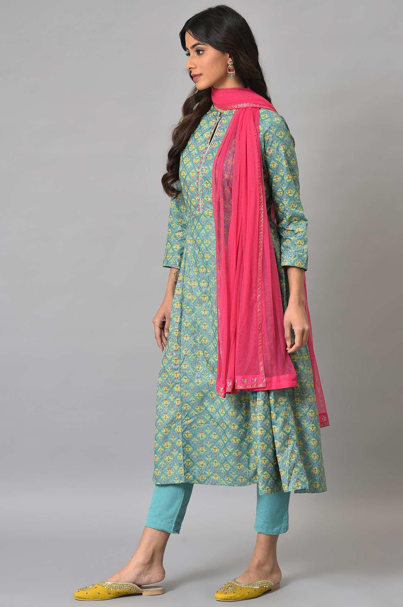 Light Blue Flared Printer kurta With Slim Pants And Pink Dupatta - wforwoman