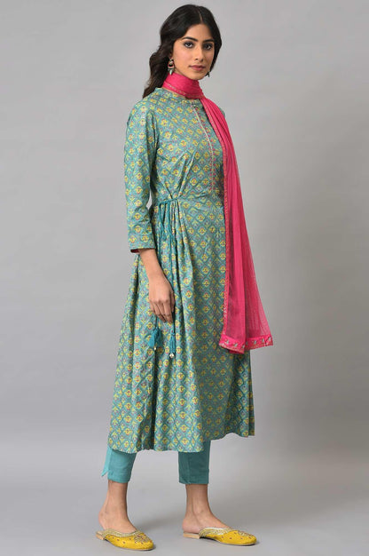 Light Blue Flared Printer kurta With Slim Pants And Pink Dupatta - wforwoman