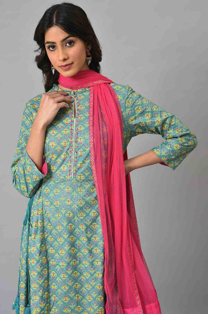 Light Blue Flared Printer kurta With Slim Pants And Pink Dupatta - wforwoman