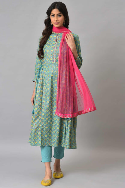 Light Blue Flared Printer kurta With Slim Pants And Pink Dupatta - wforwoman