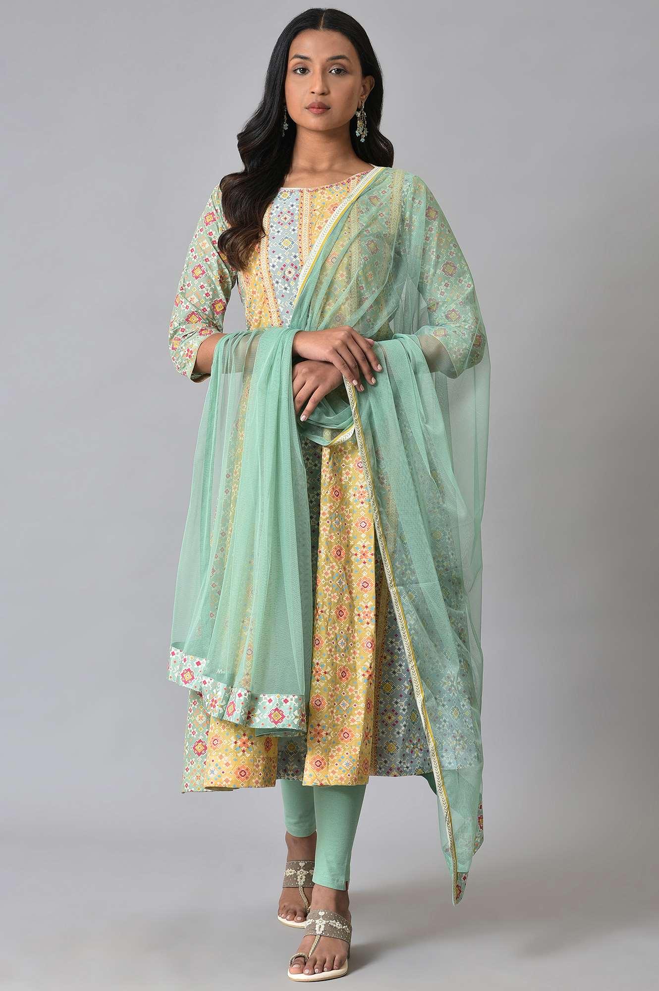 Light Green And Yellow Printer kurta Set - wforwoman