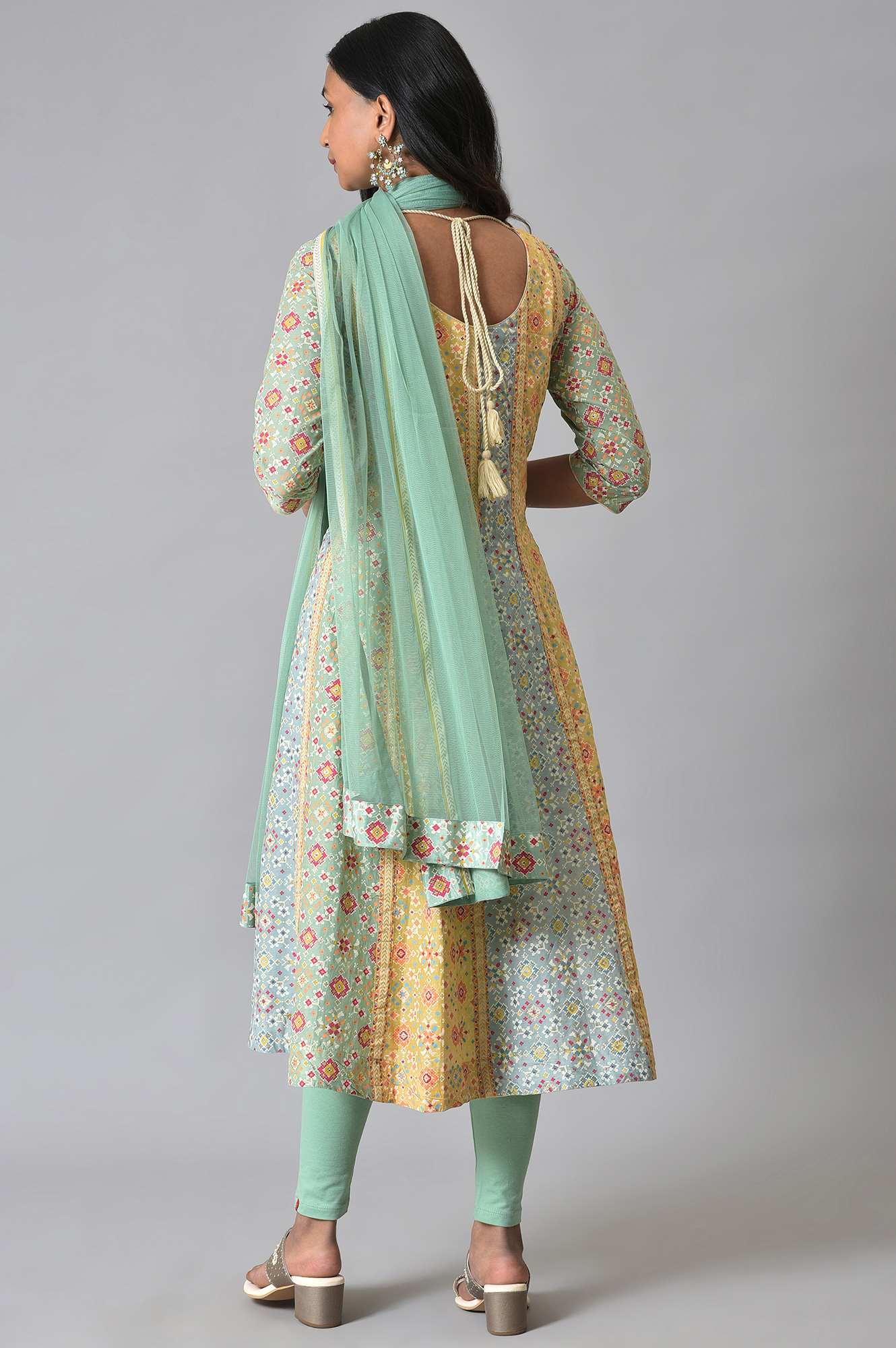 Light Green And Yellow Printer kurta Set - wforwoman