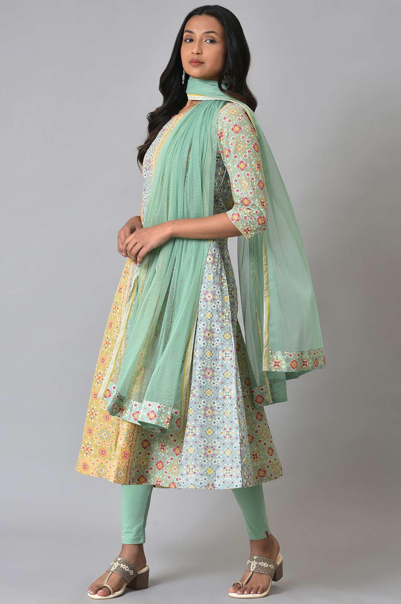 Light Green And Yellow Printer kurta Set - wforwoman