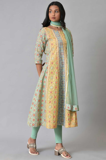 Light Green And Yellow Printer kurta Set - wforwoman