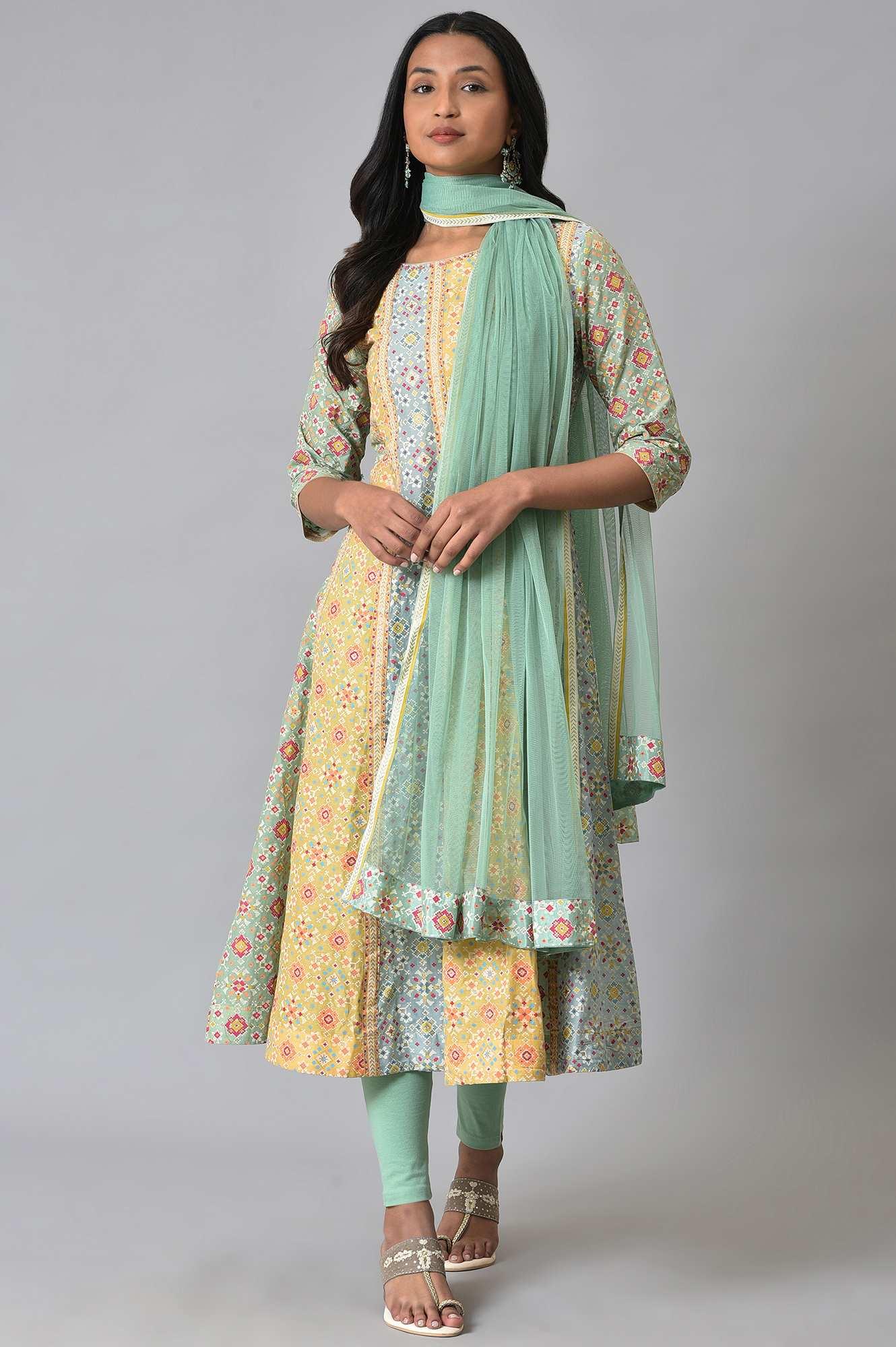 Light Green And Yellow Printer kurta Set - wforwoman