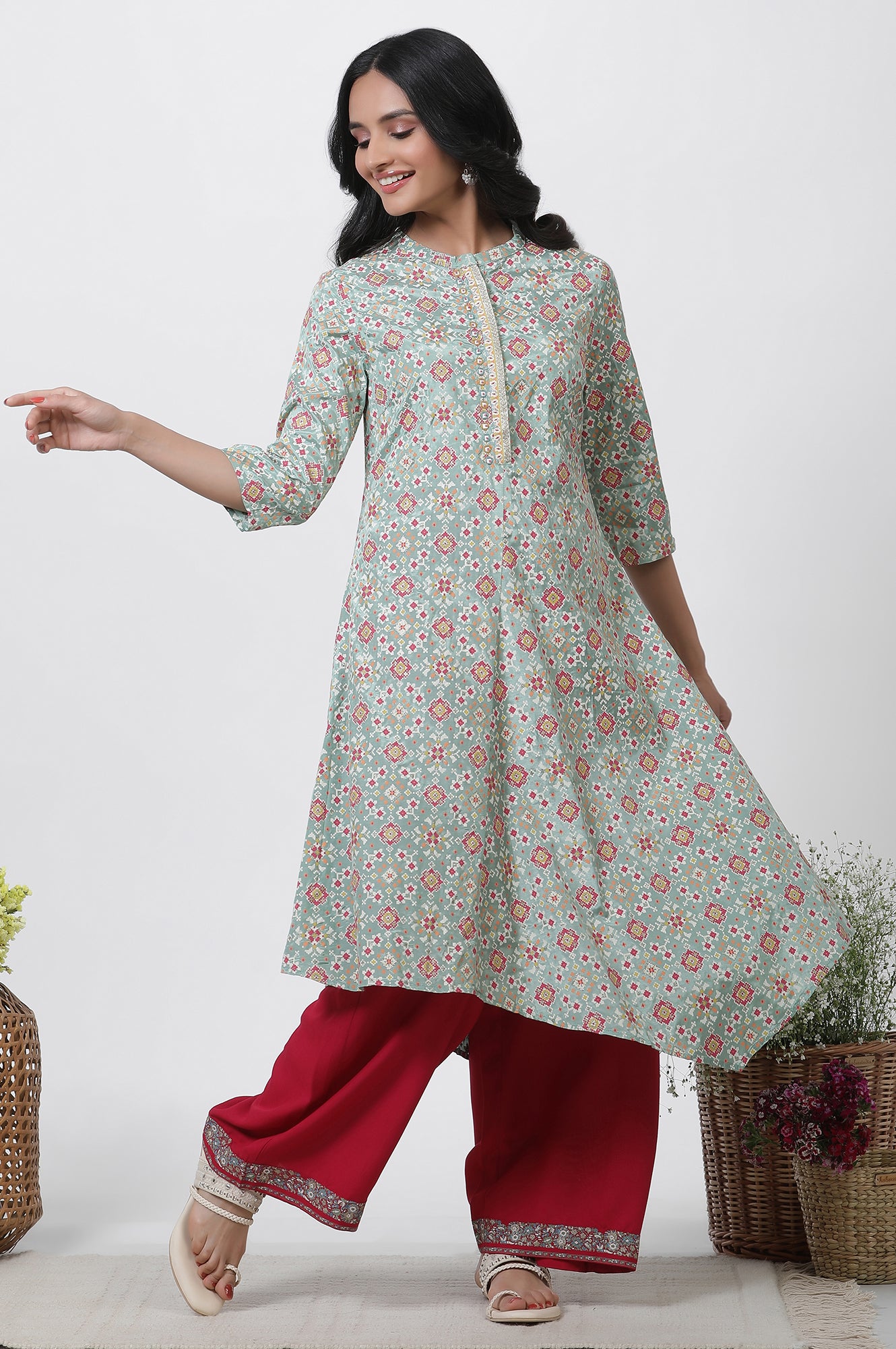 Mint Green Printed Asymmetrical Kurta And Pants Set