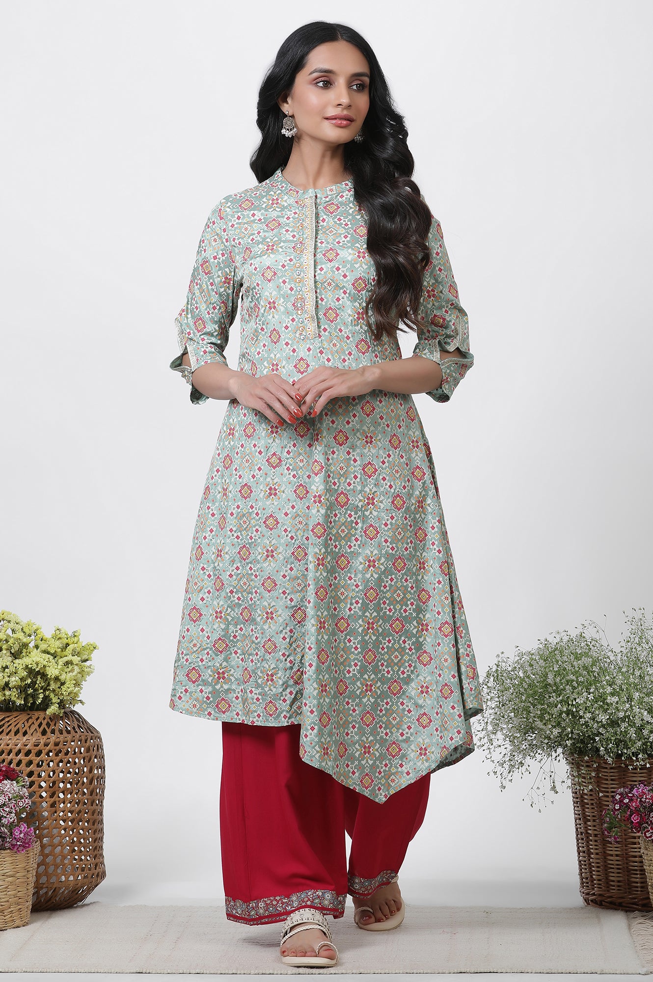 Mint Green Printed Asymmetrical Kurta And Pants Set