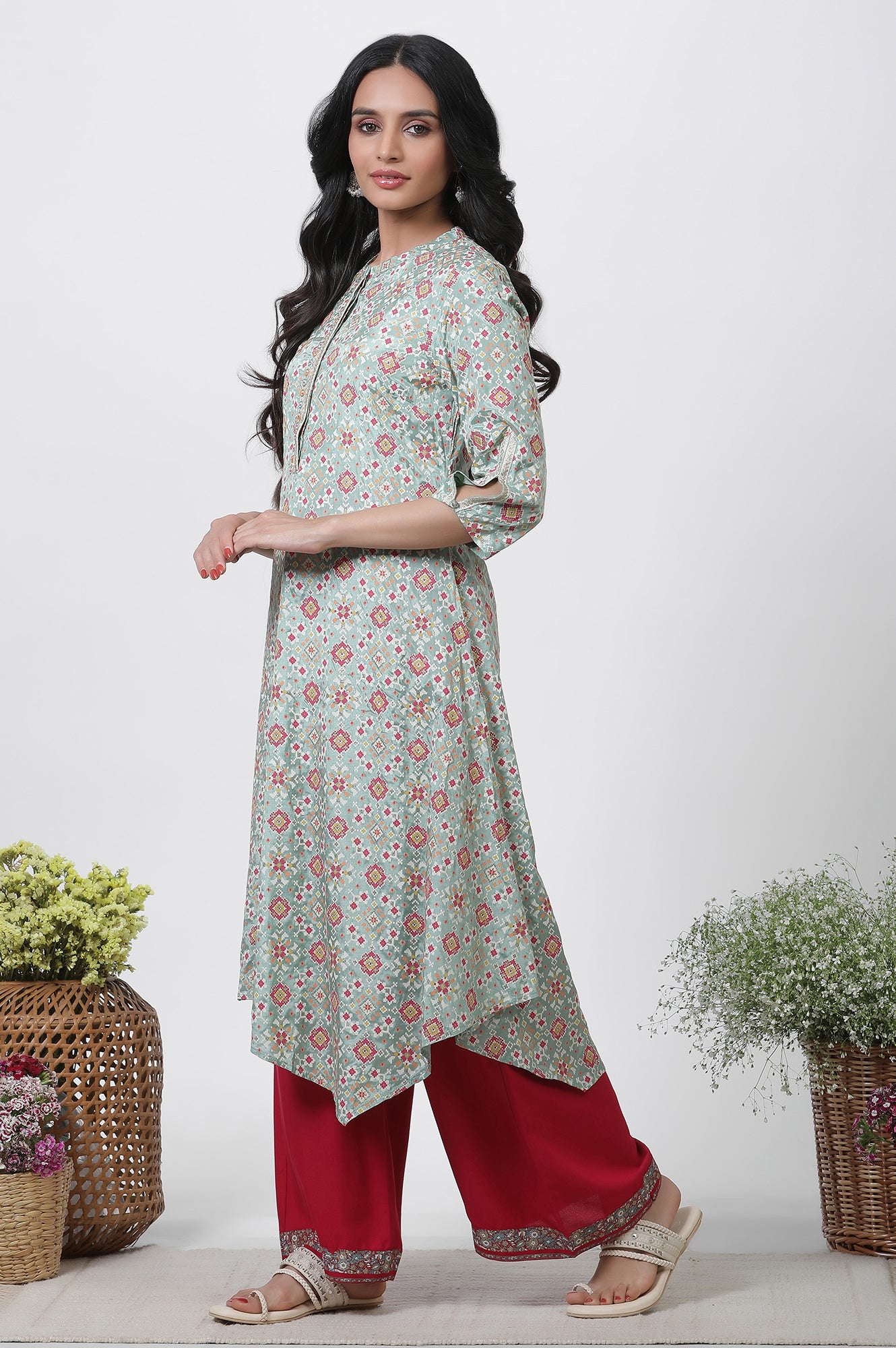 Mint Green Printed Asymmetrical Kurta And Pants Set