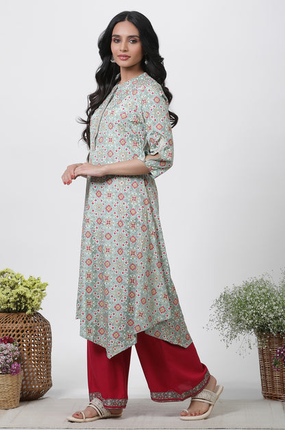 Mint Green Printed Asymmetrical Kurta And Pants Set