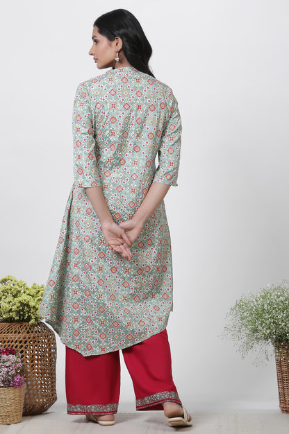 Mint Green Printed Asymmetrical Kurta And Pants Set