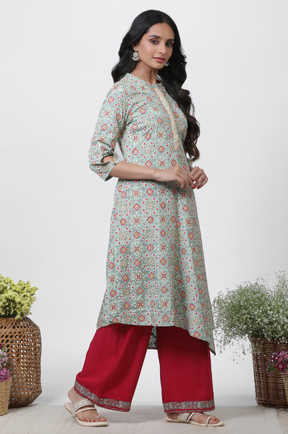 Mint Green Printed Asymmetrical Kurta And Pants Set