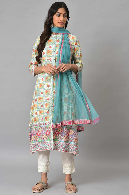 Ecru Printed Shirt kurta With Pants And Dupatta - wforwoman