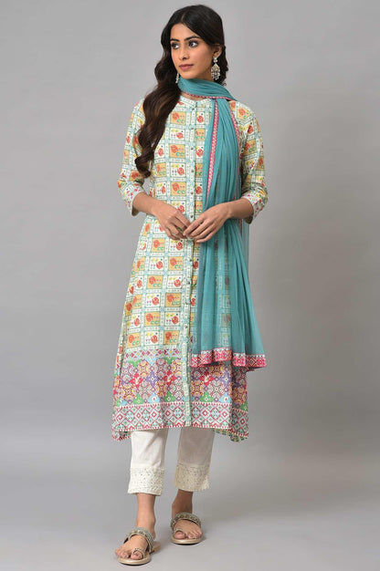 Ecru Printed Shirt kurta With Pants And Dupatta - wforwoman