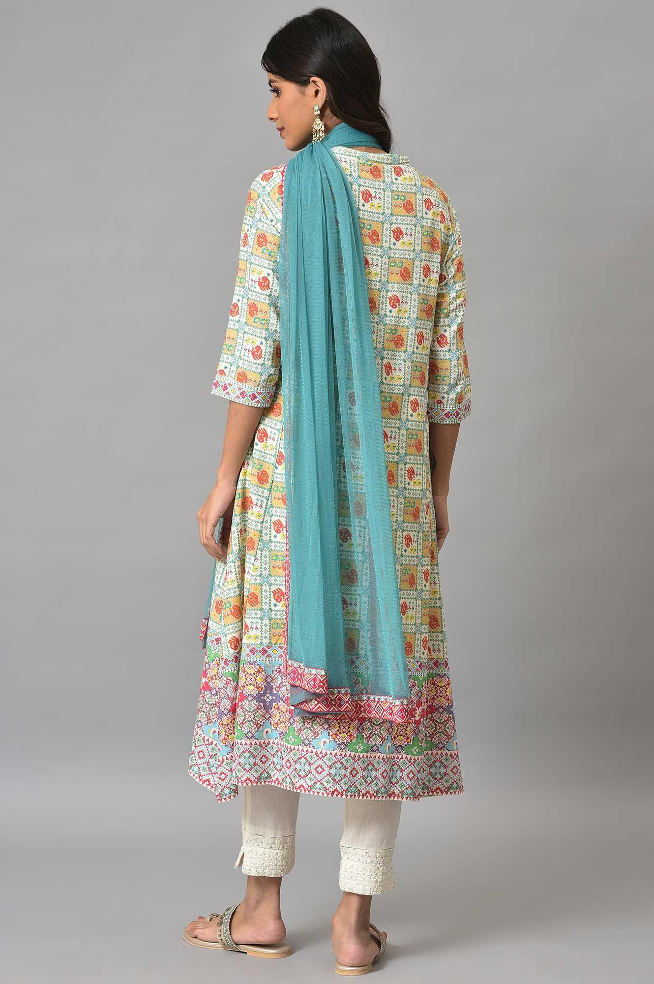 Ecru Printed Shirt kurta With Pants And Dupatta - wforwoman