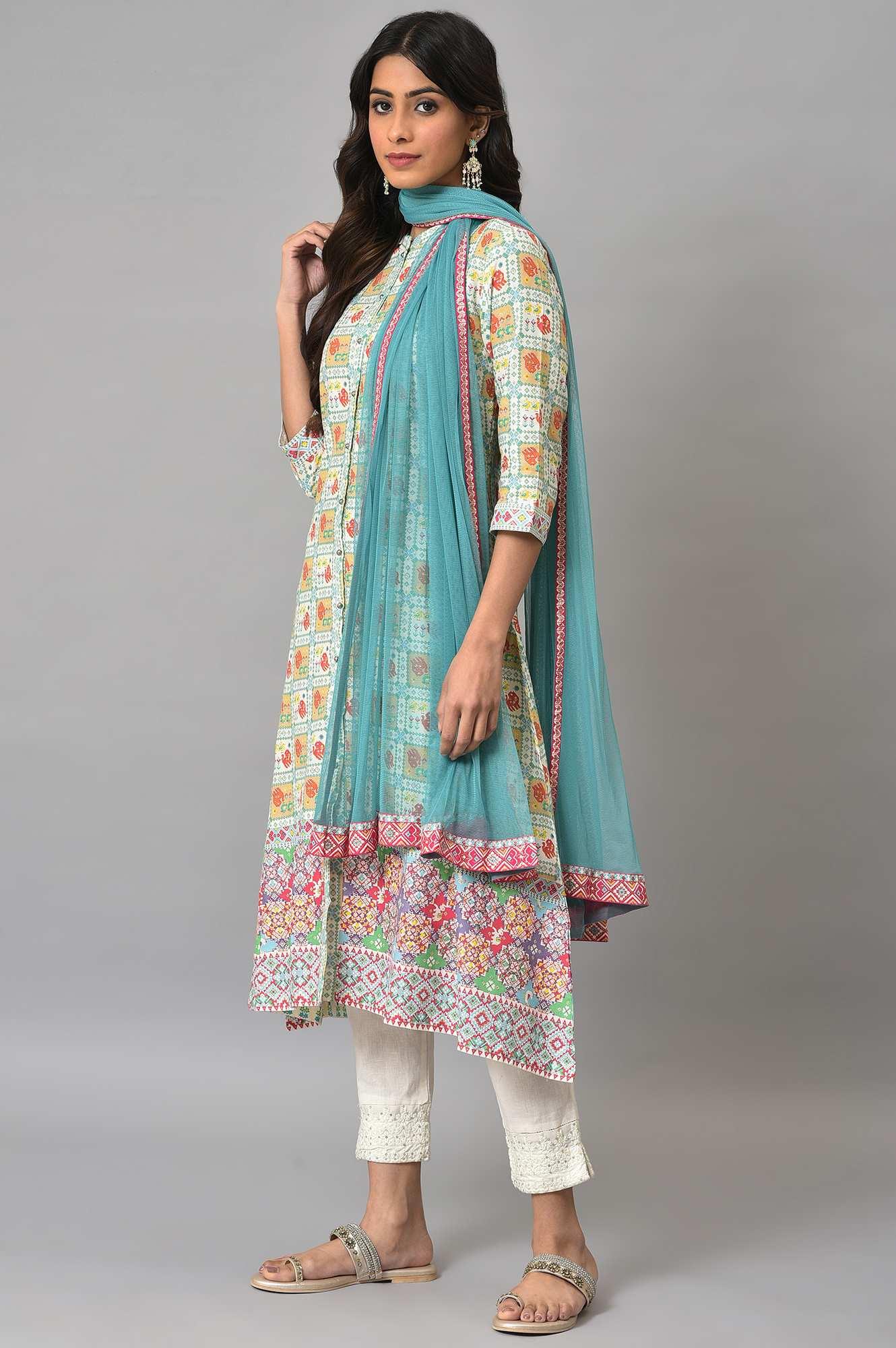 Ecru Printed Shirt kurta With Pants And Dupatta - wforwoman