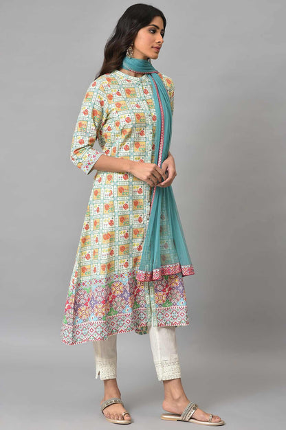 Ecru Printed Shirt kurta With Pants And Dupatta - wforwoman