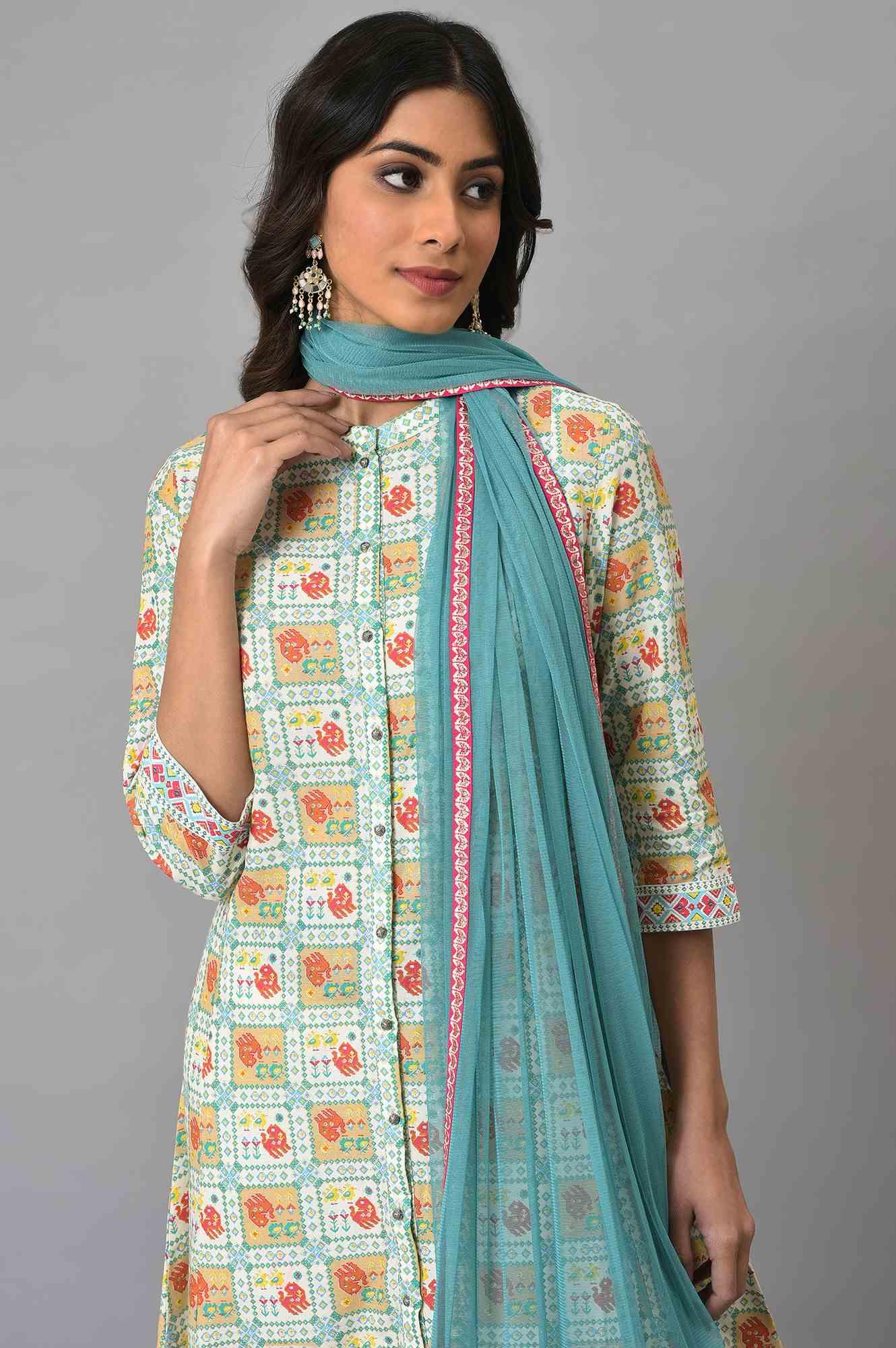 Ecru Printed Shirt kurta With Pants And Dupatta - wforwoman