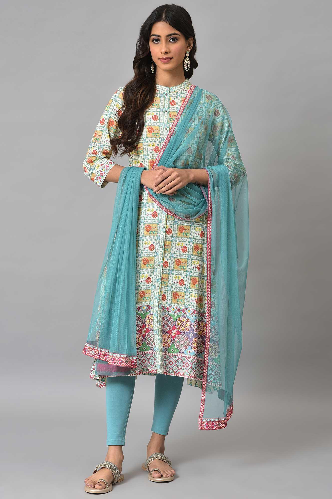 Ecru Printed Shirt kurta With Light Blue Tights And Dupatta - wforwoman