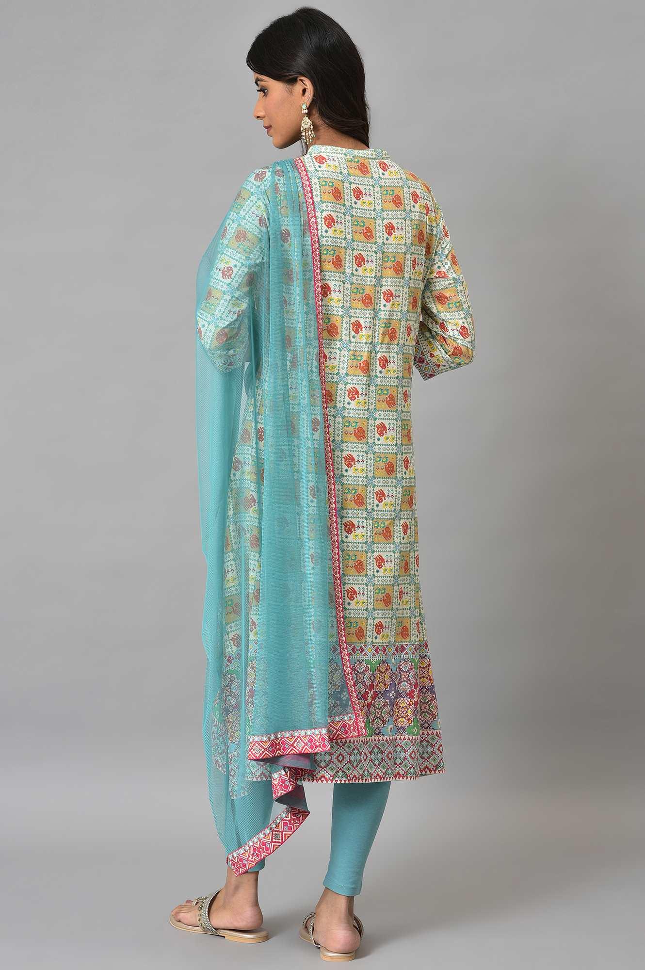 Ecru Printed Shirt kurta With Light Blue Tights And Dupatta - wforwoman