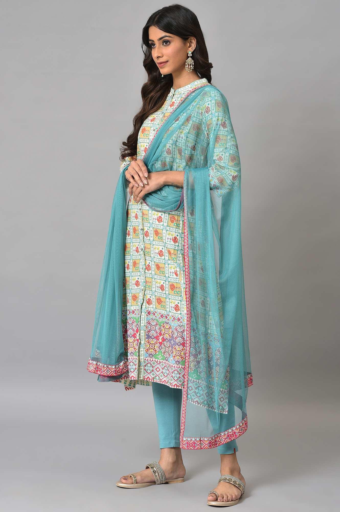 Ecru Printed Shirt kurta With Light Blue Tights And Dupatta - wforwoman