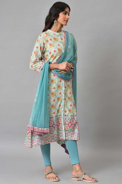 Ecru Printed Shirt kurta With Light Blue Tights And Dupatta - wforwoman