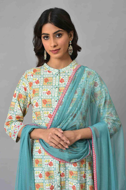 Ecru Printed Shirt kurta With Light Blue Tights And Dupatta - wforwoman