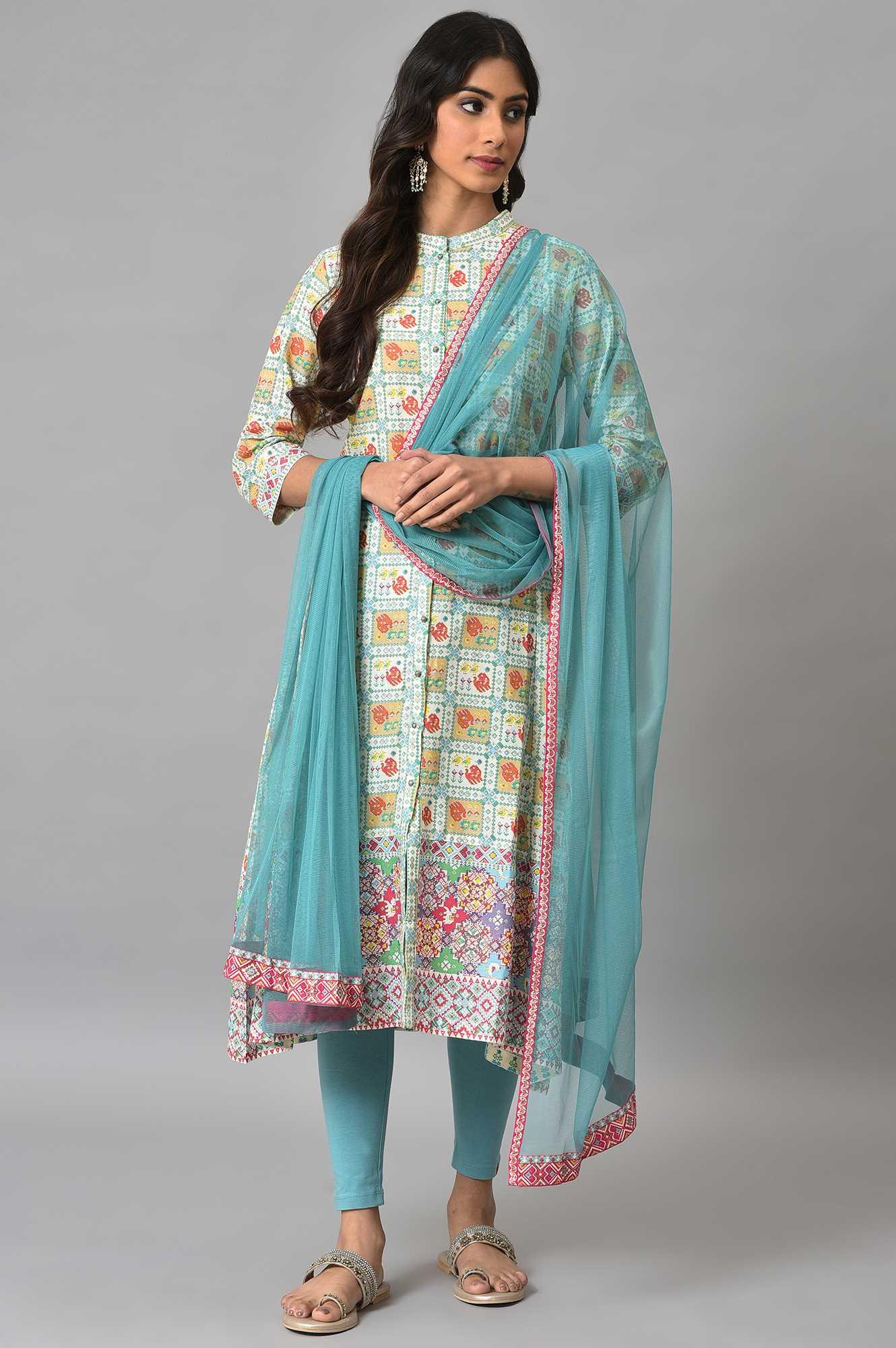 Ecru Printed Shirt kurta With Light Blue Tights And Dupatta - wforwoman