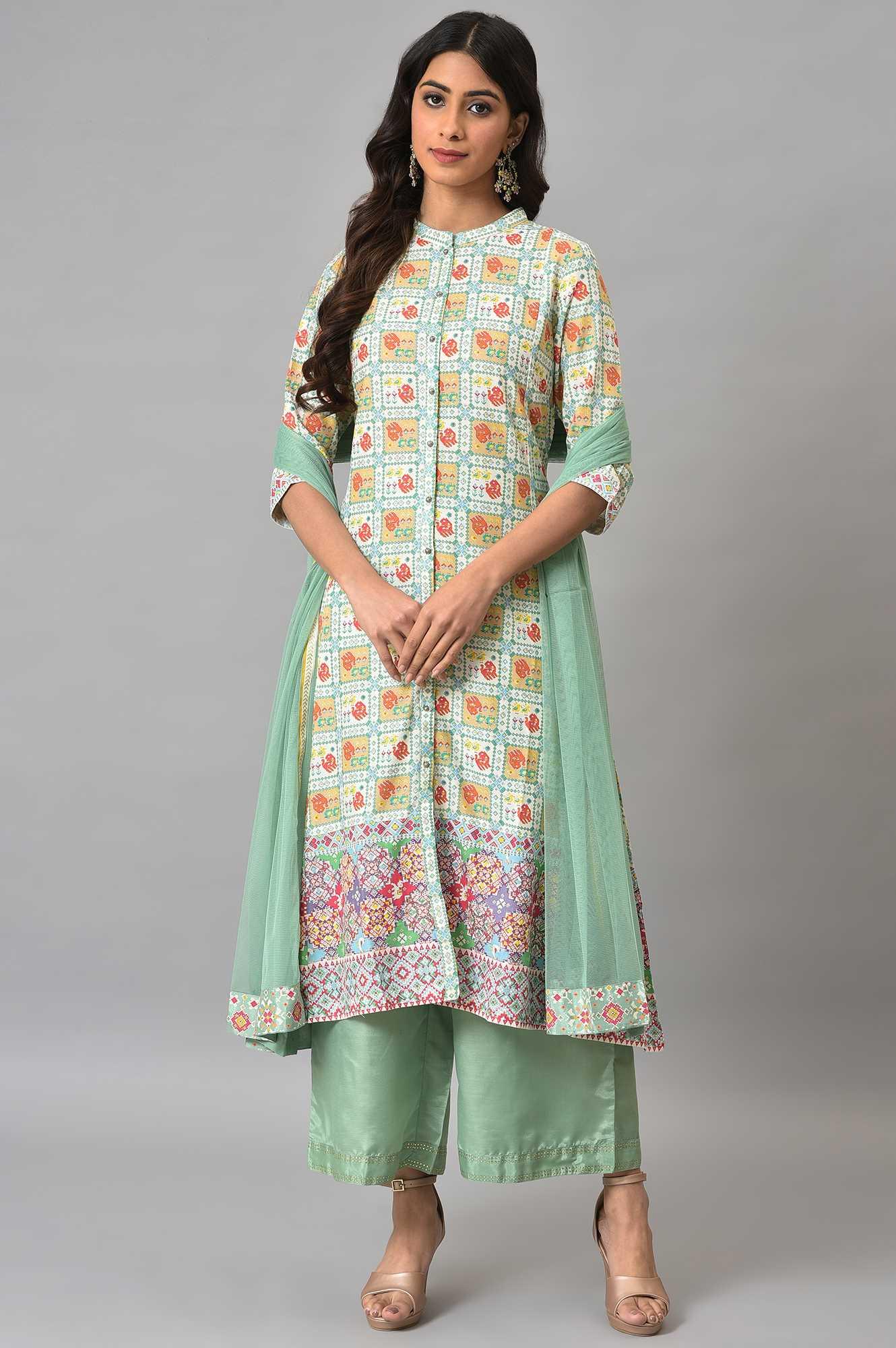 Ecru And Multicoloured Printed Flared kurta With Green Parallel Pants And Mesh Dupatta - wforwoman