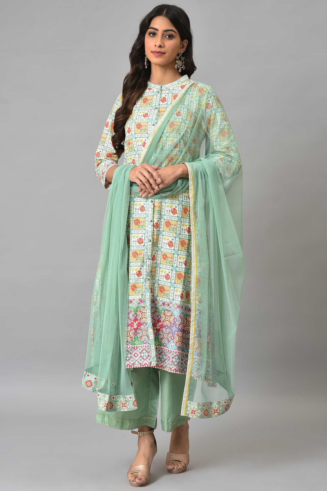 Ecru And Multicoloured Printed Flared kurta With Green Parallel Pants And Mesh Dupatta - wforwoman