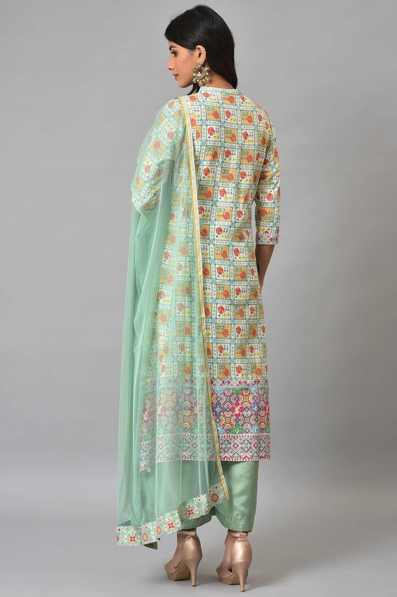 Ecru And Multicoloured Printed Flared kurta With Green Parallel Pants And Mesh Dupatta - wforwoman