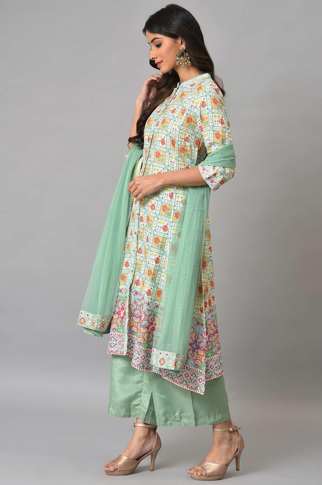 Ecru And Multicoloured Printed Flared kurta With Green Parallel Pants And Mesh Dupatta - wforwoman