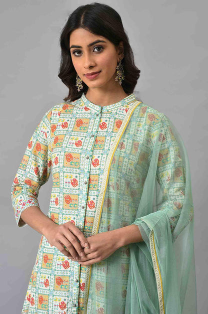 Ecru And Multicoloured Printed Flared kurta With Green Parallel Pants And Mesh Dupatta - wforwoman