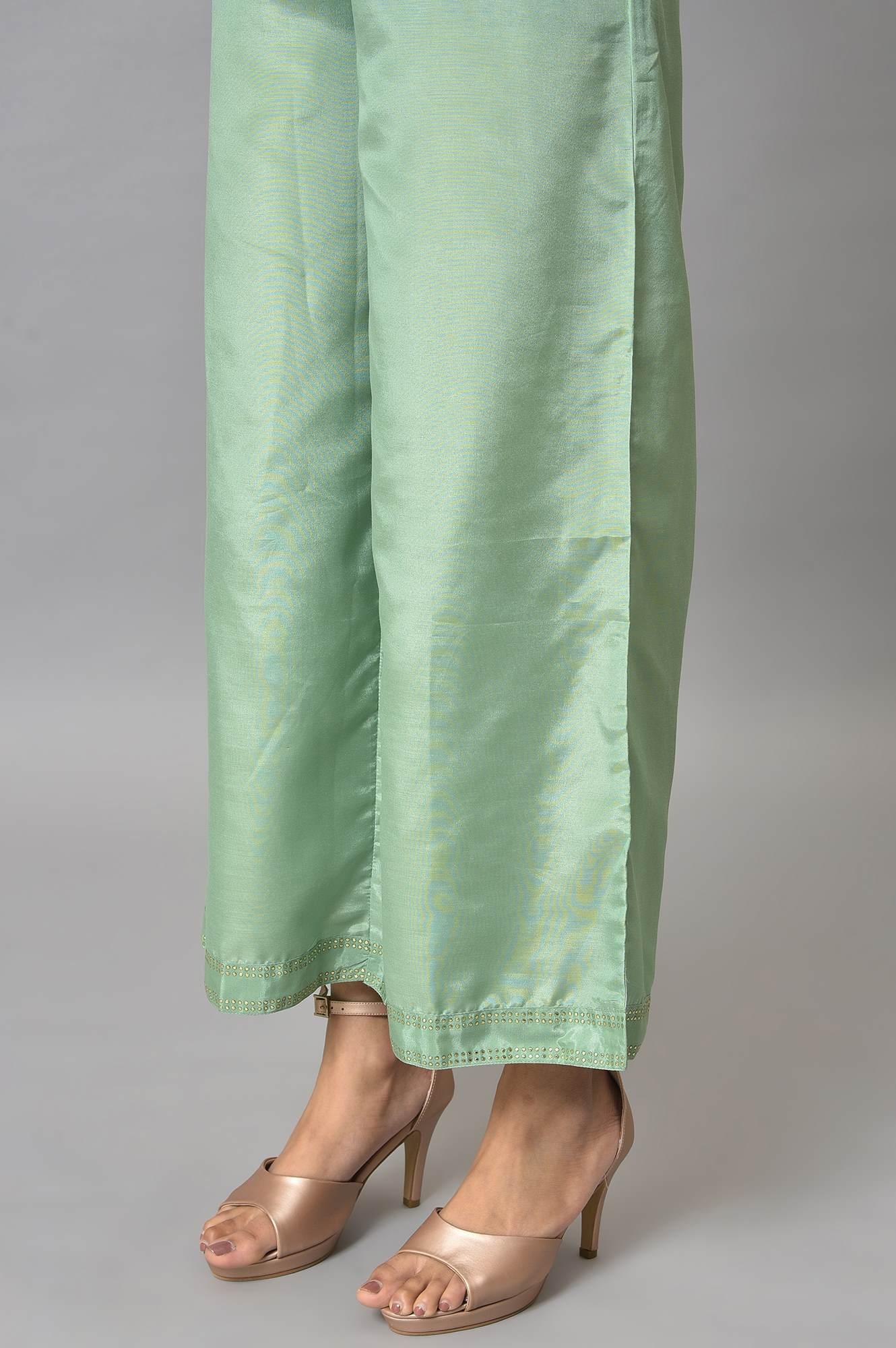 Ecru And Multicoloured Printed Flared kurta With Green Parallel Pants And Mesh Dupatta - wforwoman