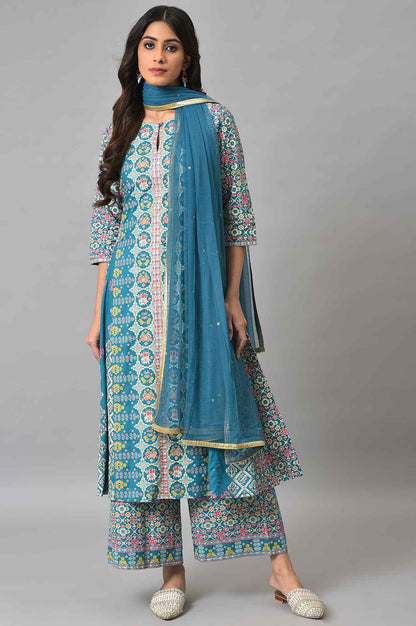 Blue Glitter Printed A-Line kurta With Parallel Pants And Mesh Dupatta - wforwoman