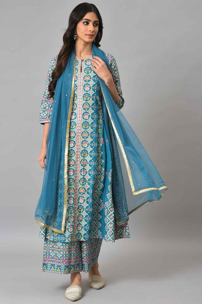 Blue Glitter Printed A-Line kurta With Parallel Pants And Mesh Dupatta - wforwoman