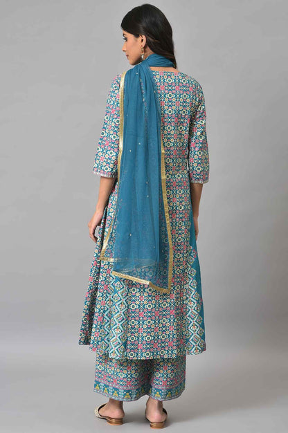 Blue Glitter Printed A-Line kurta With Parallel Pants And Mesh Dupatta - wforwoman