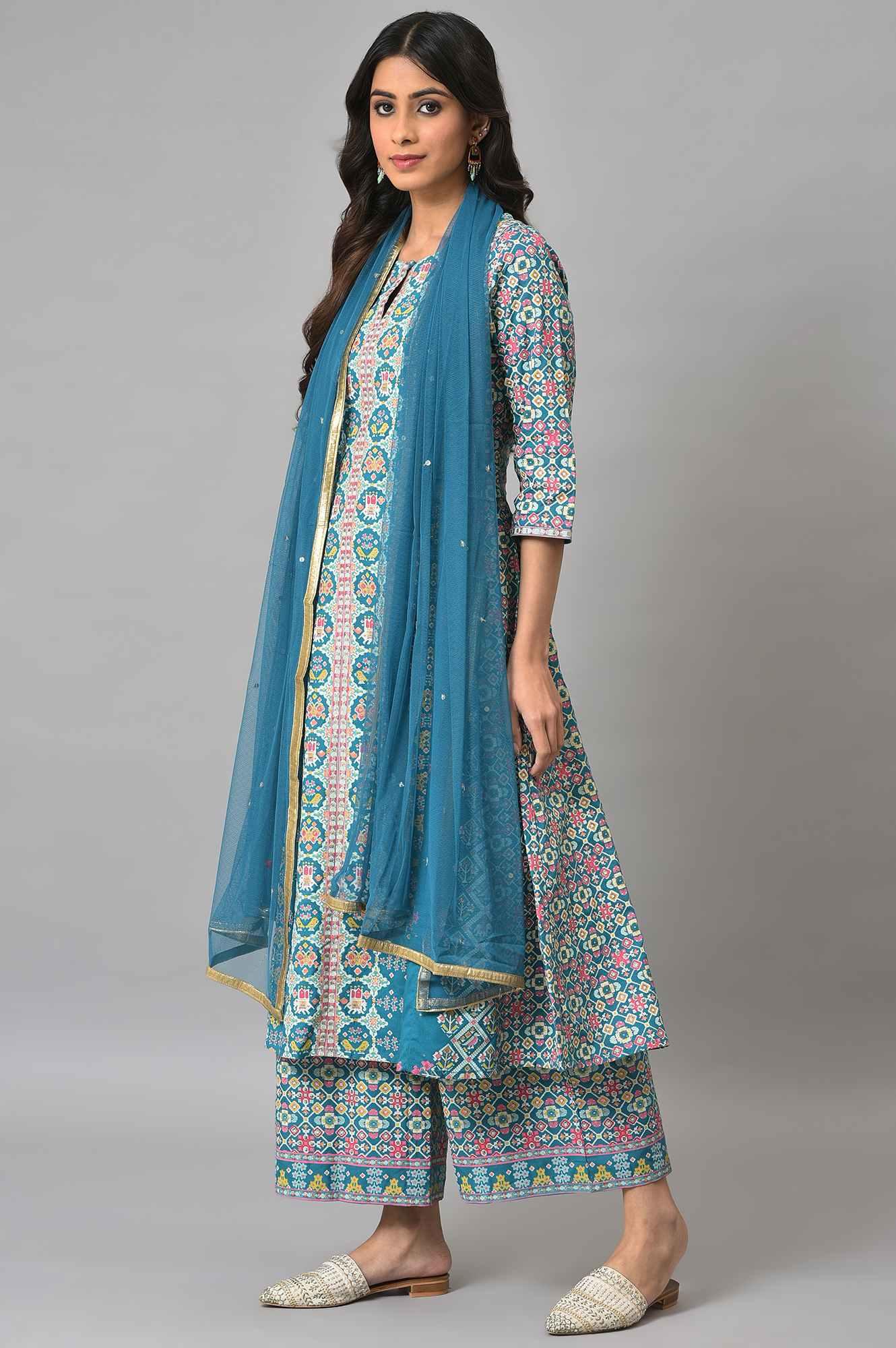 Blue Glitter Printed A-Line kurta With Parallel Pants And Mesh Dupatta - wforwoman