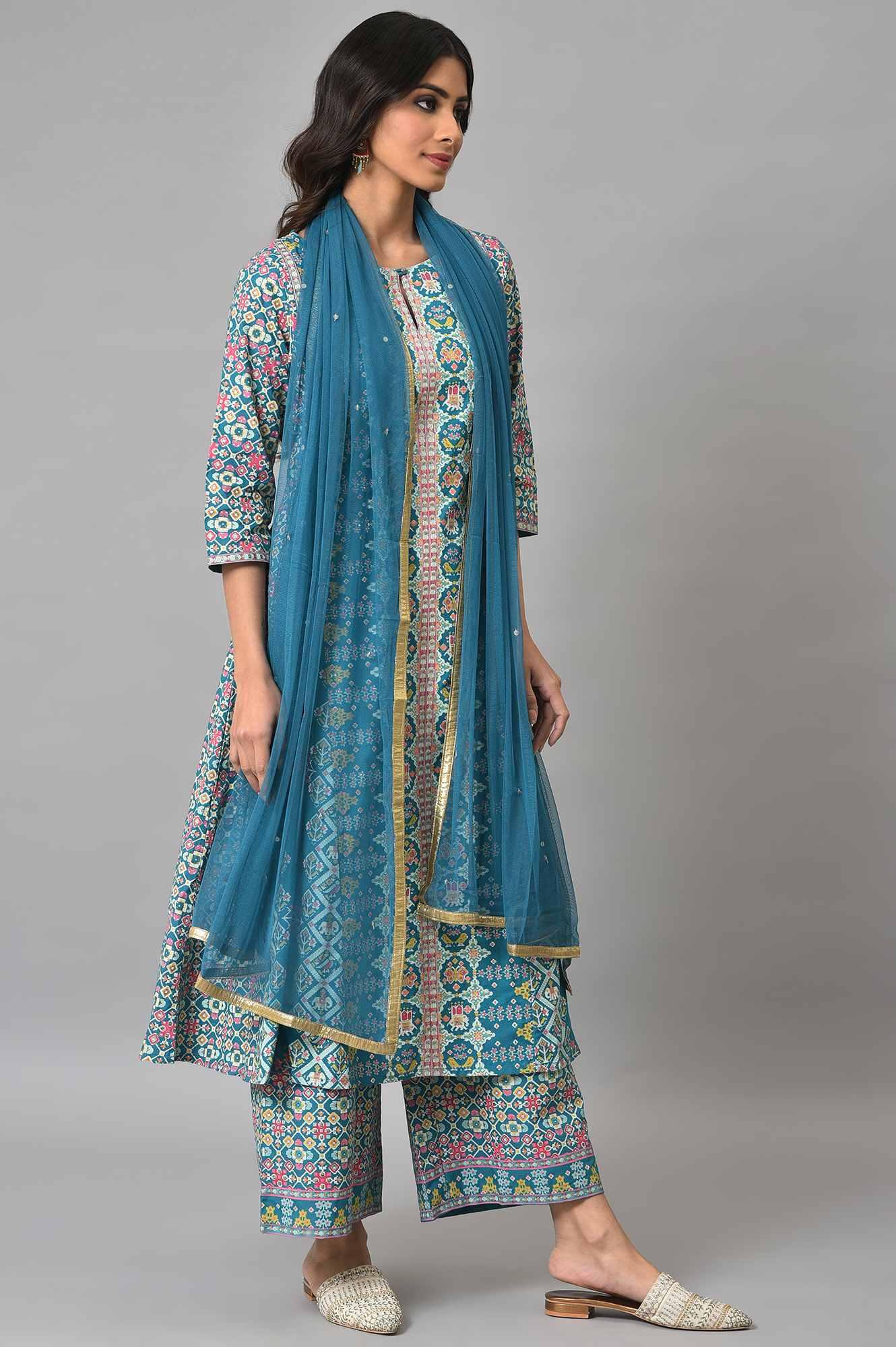 Blue Glitter Printed A-Line kurta With Parallel Pants And Mesh Dupatta - wforwoman