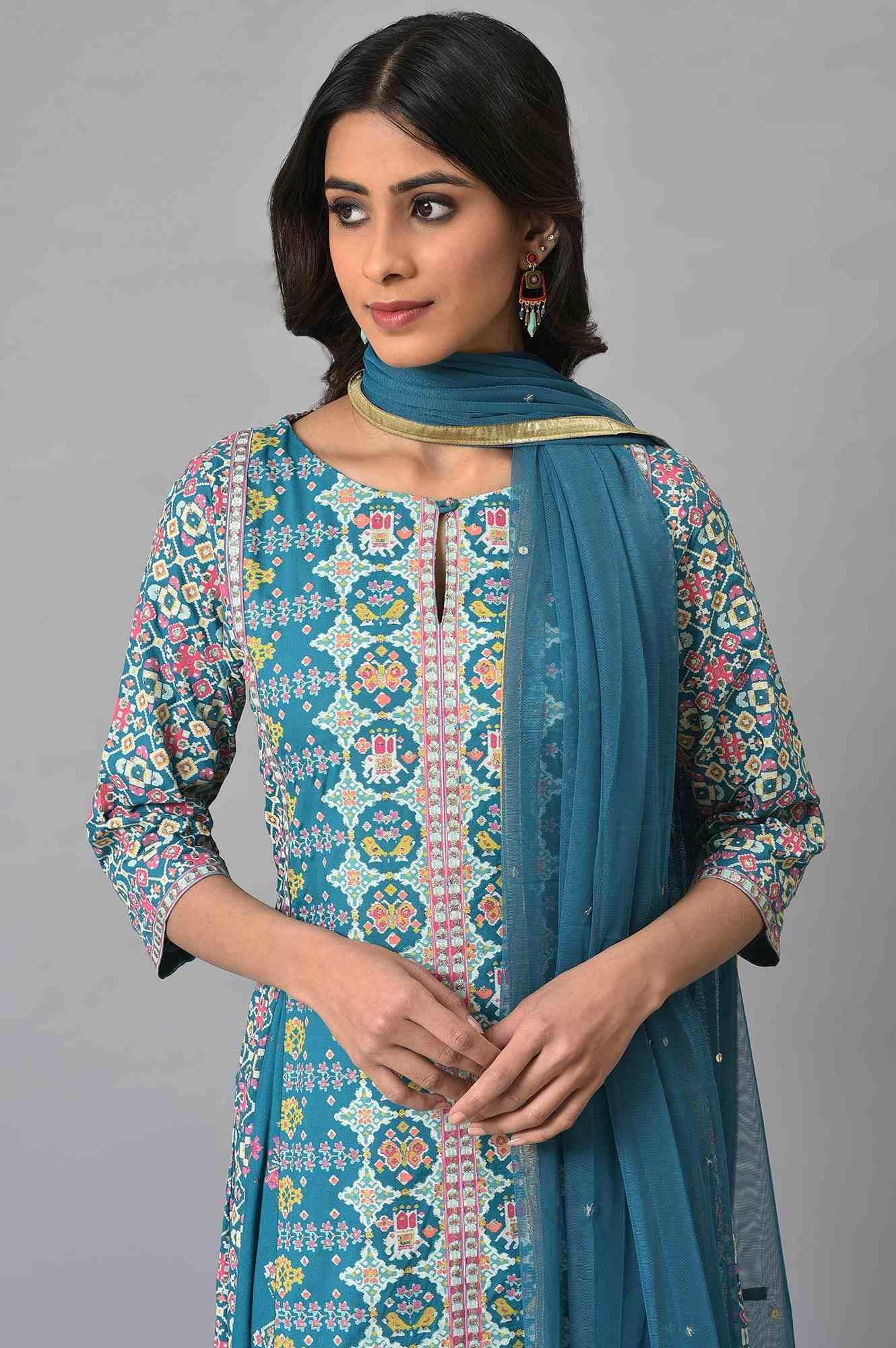 Blue Glitter Printed A-Line kurta With Parallel Pants And Mesh Dupatta - wforwoman