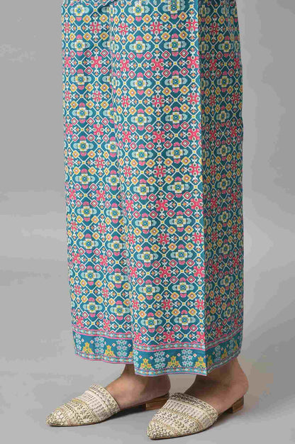 Blue Glitter Printed A-Line kurta With Parallel Pants And Mesh Dupatta - wforwoman