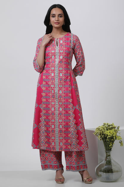 Dark Pink Printed A-Line Kurta And Parallel Pants Set