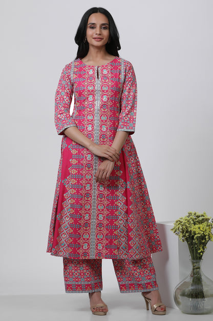 Dark Pink Printed A-Line Kurta And Parallel Pants Set