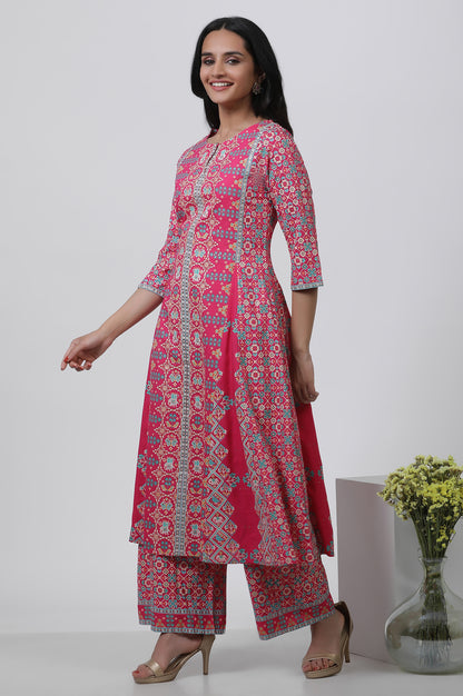 Dark Pink Printed A-Line Kurta And Parallel Pants Set