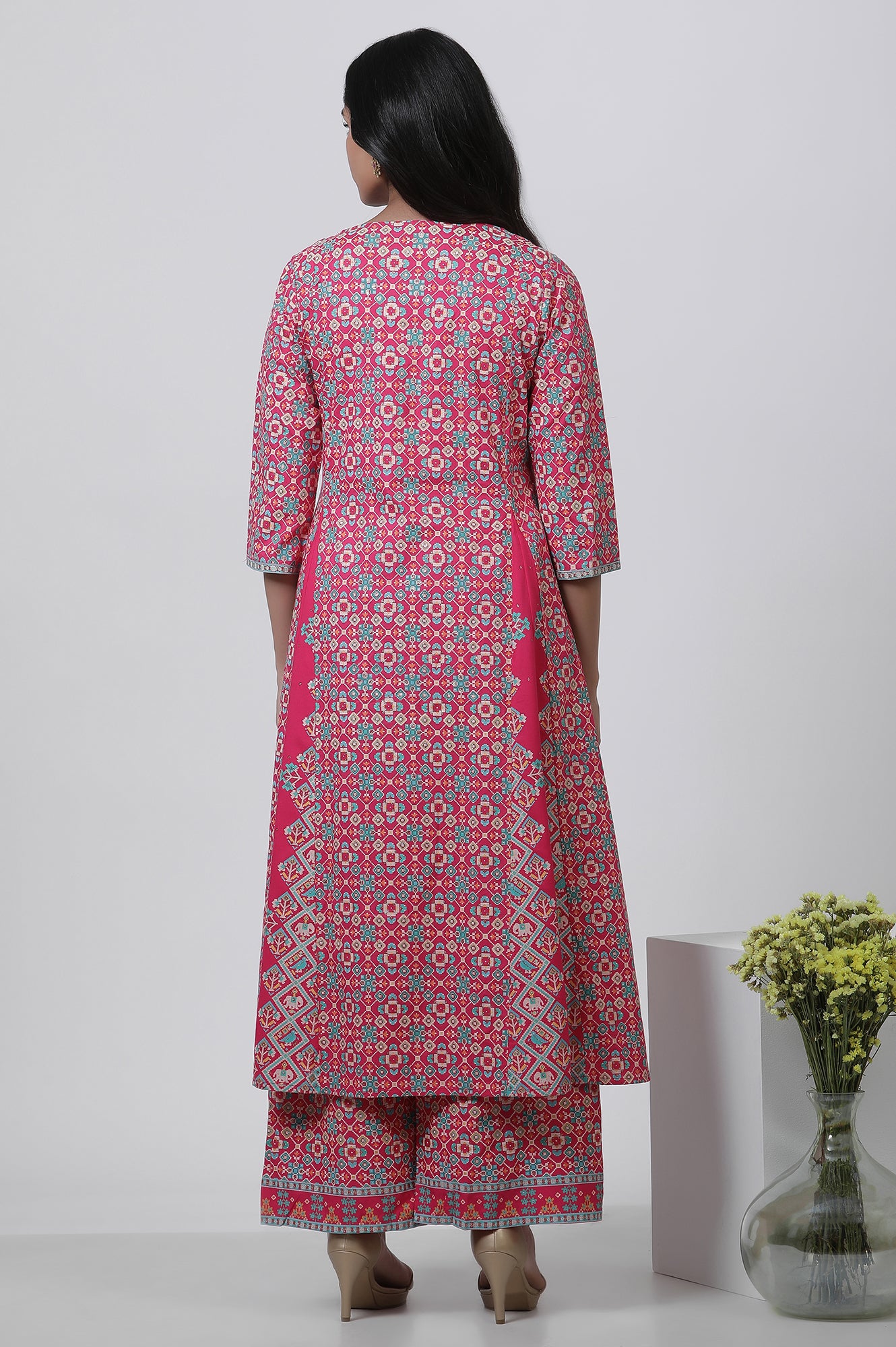 Dark Pink Printed A-Line Kurta And Parallel Pants Set