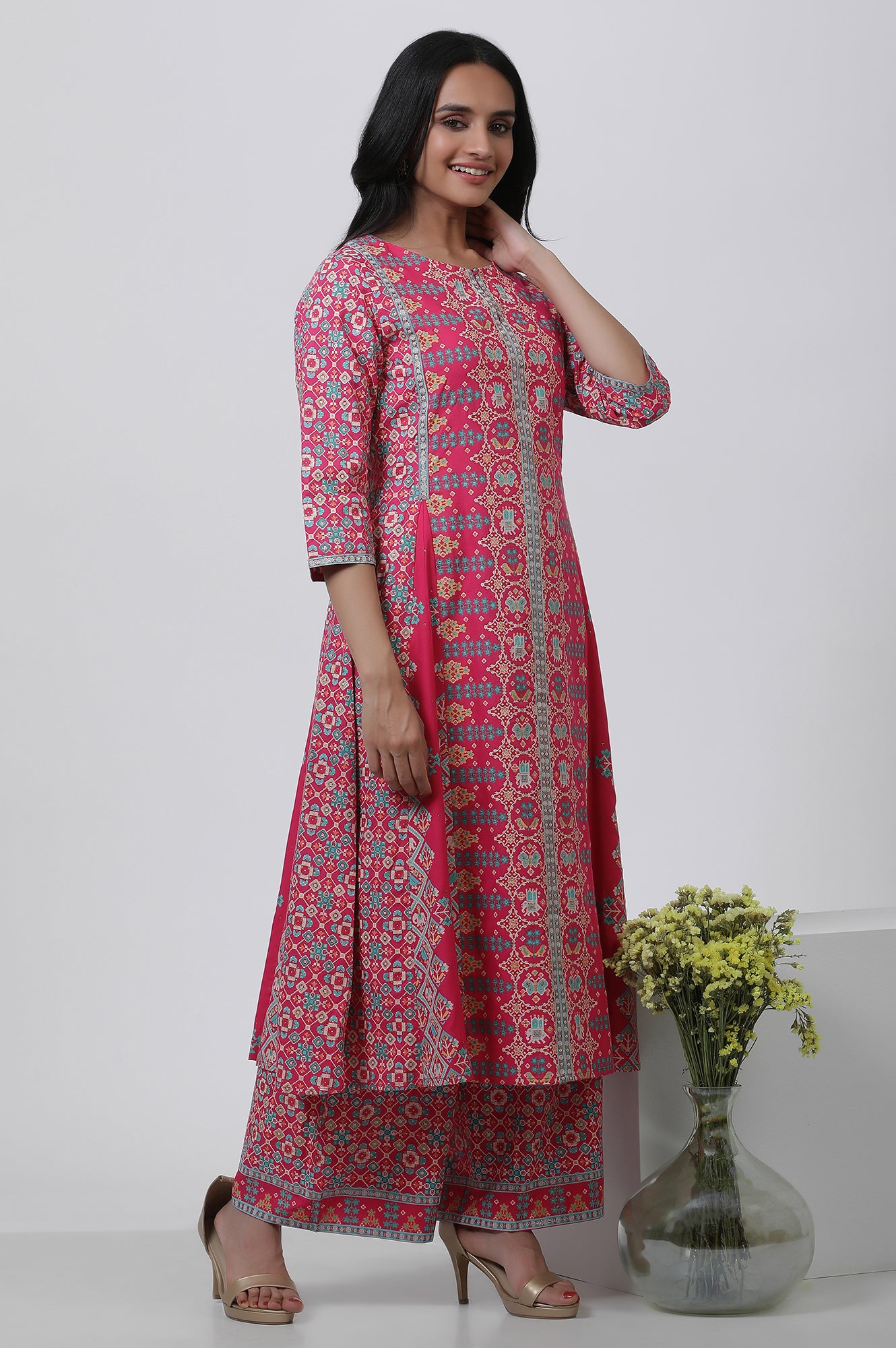 Dark Pink Printed A-Line Kurta And Parallel Pants Set