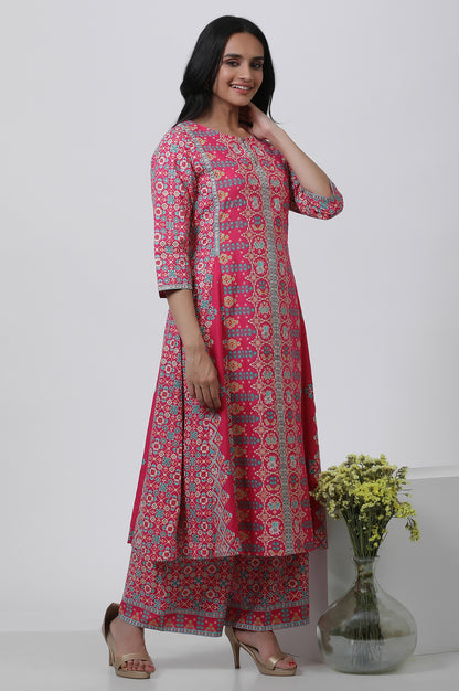 Dark Pink Printed A-Line Kurta And Parallel Pants Set