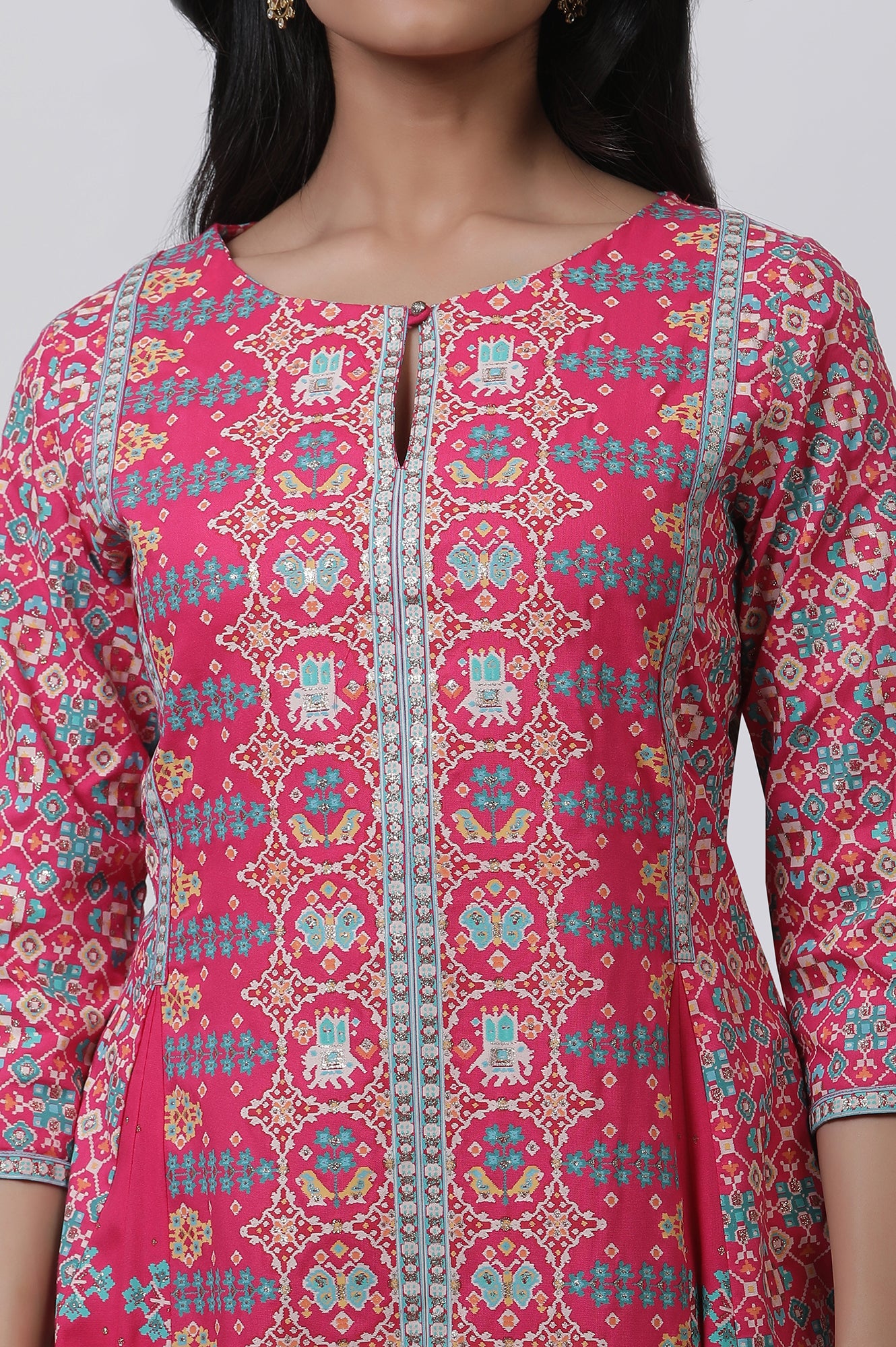 Dark Pink Printed A-Line Kurta And Parallel Pants Set