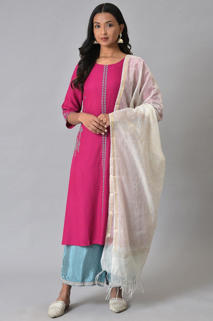 Dark Pink Embroidered kurta With Blue Parallel Pants And White Chanderi Dupatta - wforwoman